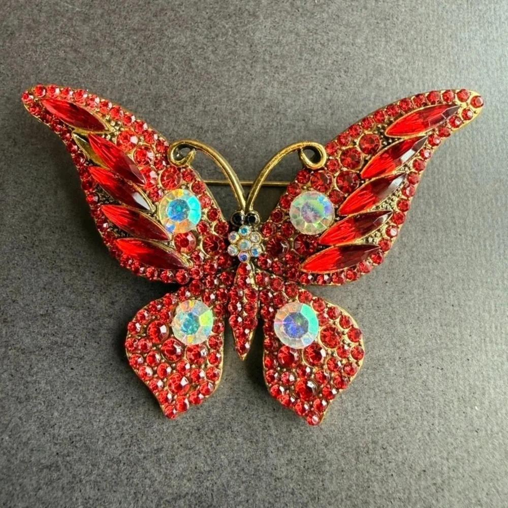 Red Rhinestone Butterfly Brooch Pin AB Iridescent Gold Tone Statement Jewelry